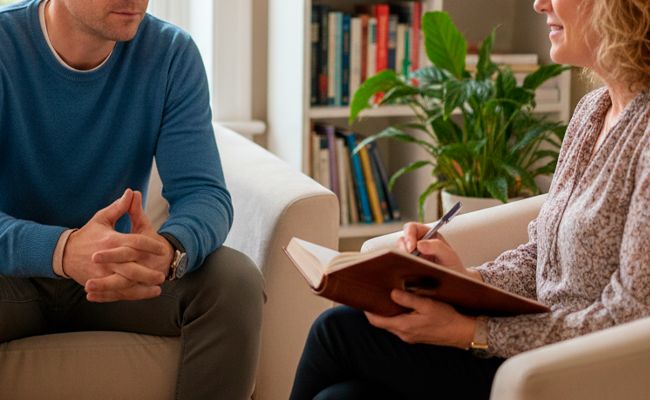 Мужчина общается с психологом